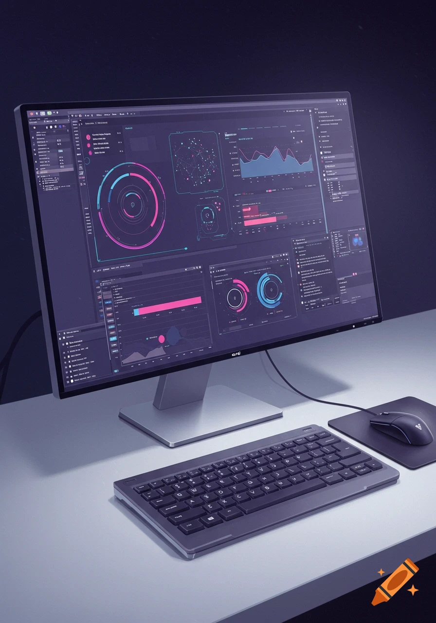 A computer monitor displaying charts and data with a keyboard and mouse on a desk.