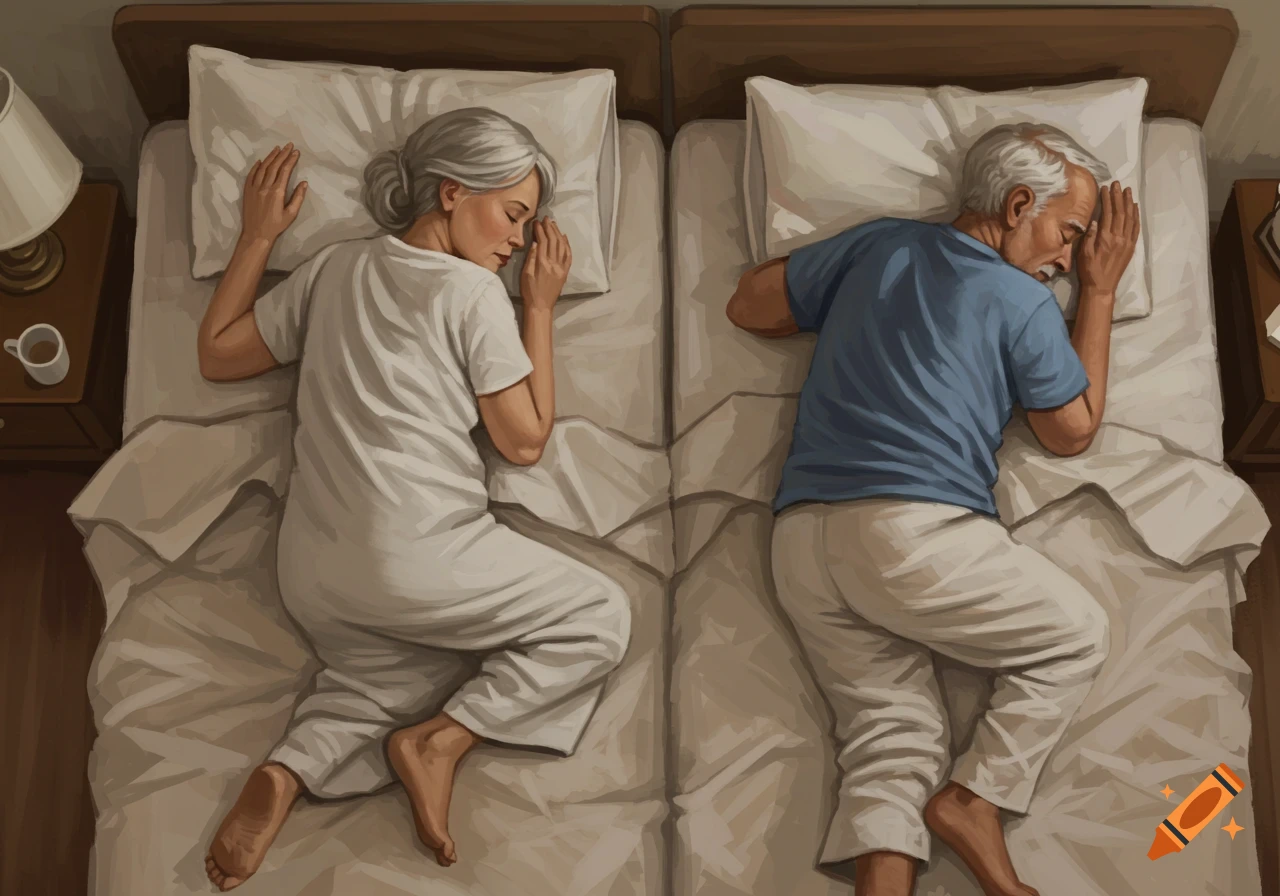 Overhead illustration of two elderly people sleeping in separate beds, backs facing each other.