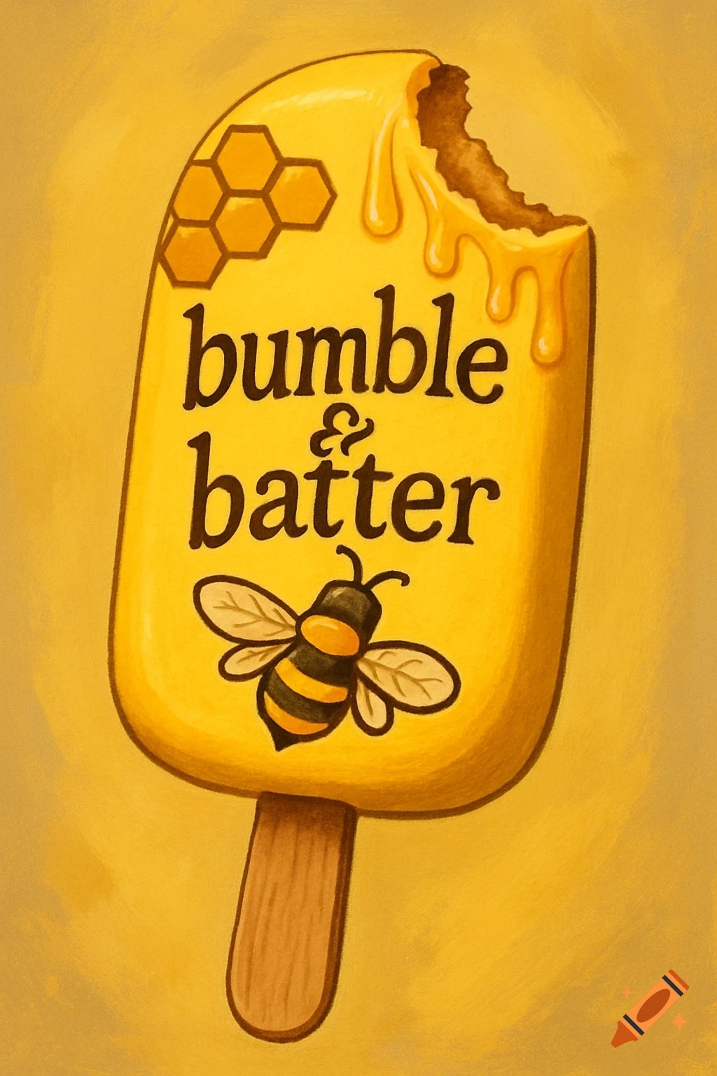 Illustration of a yellow popsicle with 'bumble & batter', a bee, and honeycomb pattern.