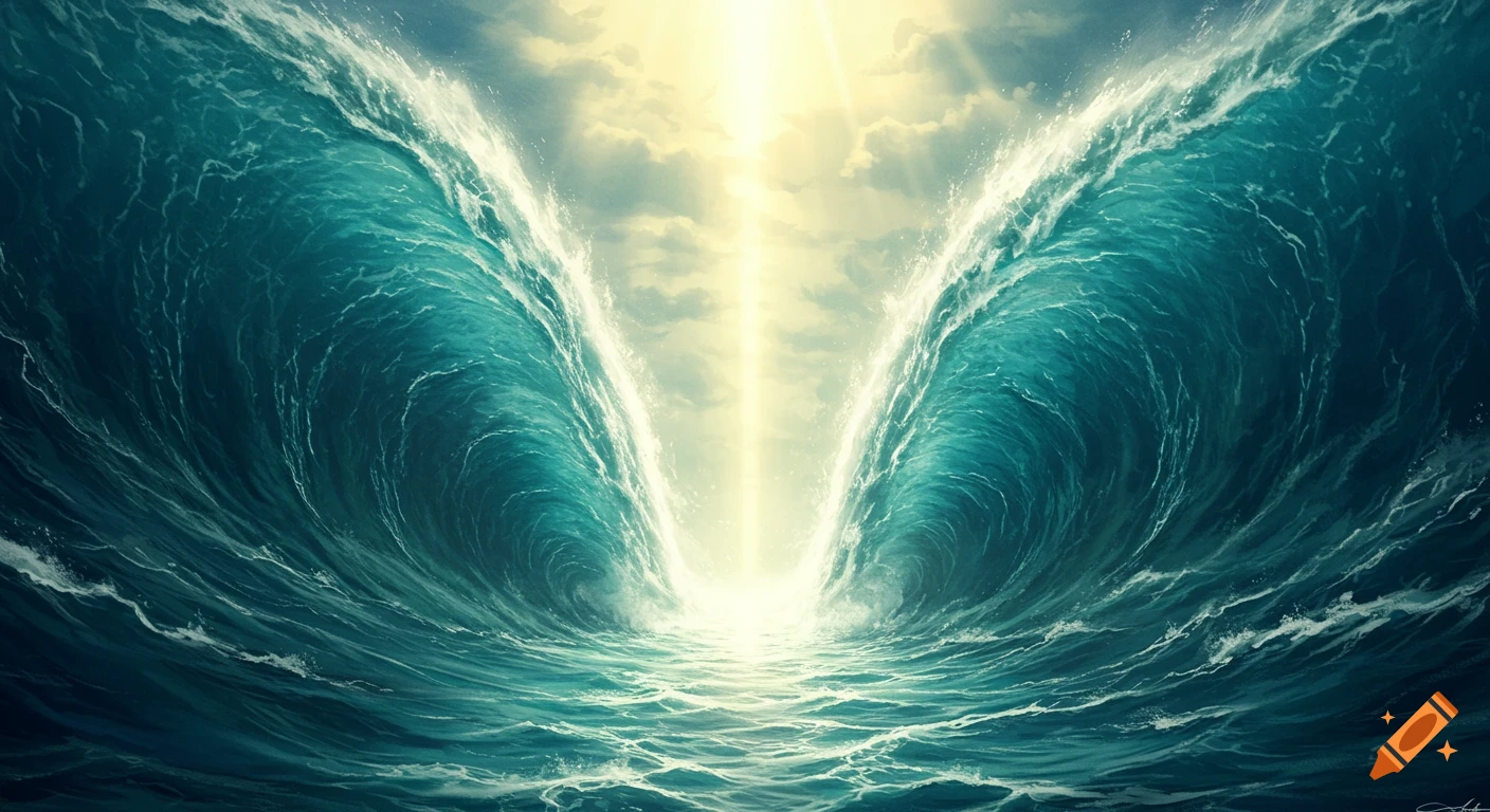 A dramatic illustration of a splitting sea with towering waves and light pouring through the opening.