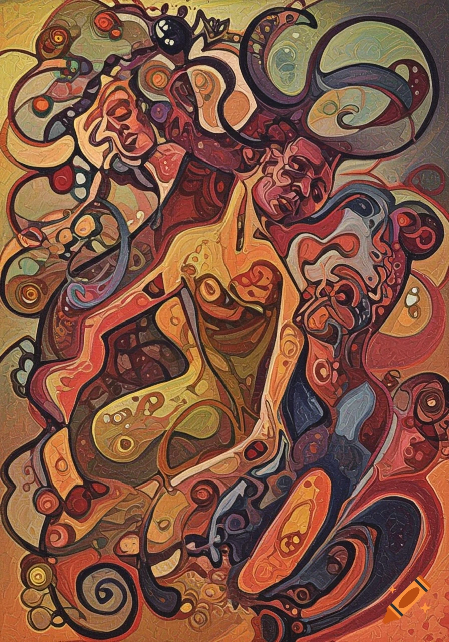 Abstract figurative painting with swirling forms and faces in warm colors.