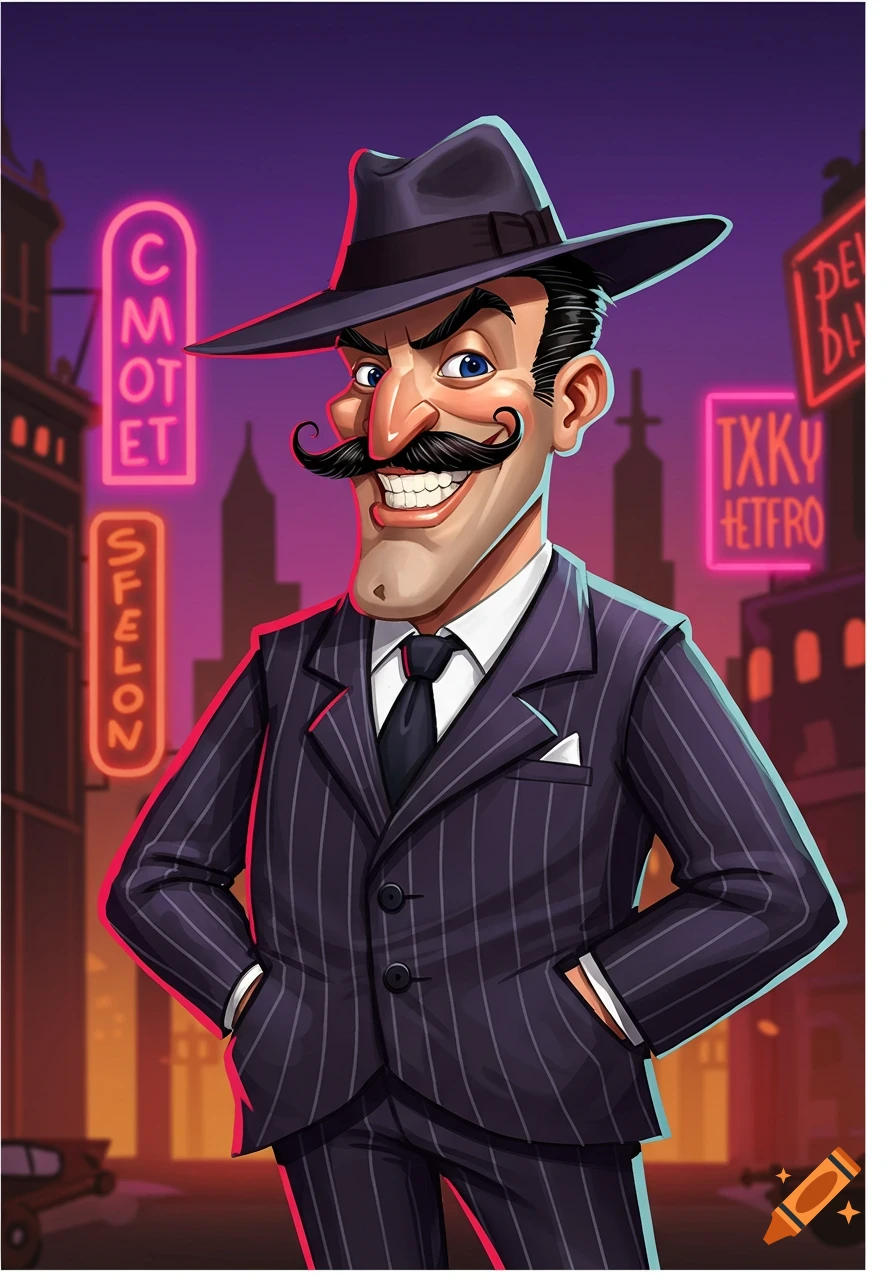 A cartoon man with a large mustache, wearing a pinstripe suit and fedora, stands in a city street with neon signs.