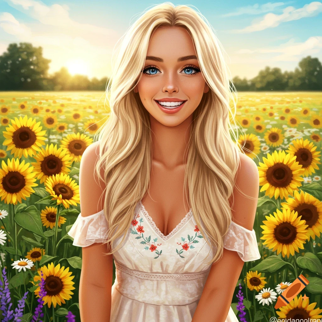 Blonde woman in a field of sunflowers smiling