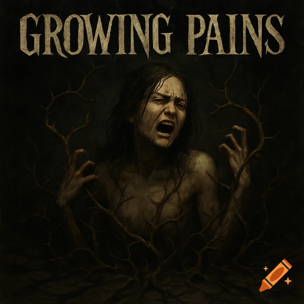 Dark art of a distressed figure intertwined with thorny branches under the title "Growing Pains".
