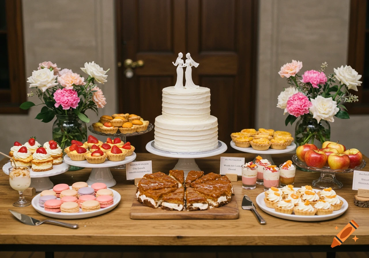 Wedding dessert table with cake, tarts, macarons, and flowers.