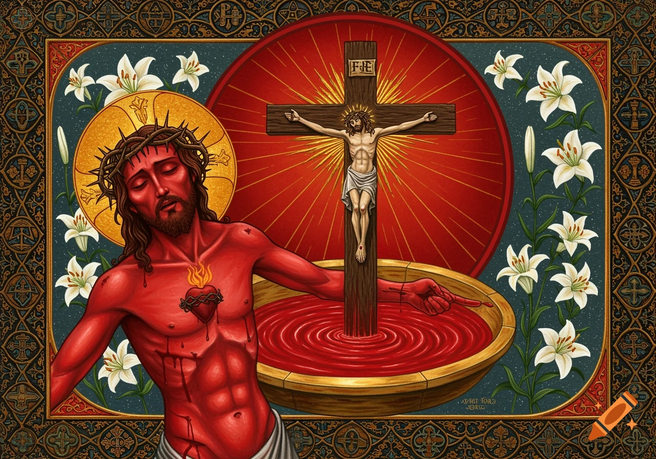 Stylized religious artwork in medieval manuscript style shows Jesus on cross and a larger red figure of Jesus with a flaming heart, surrounded by lilies.