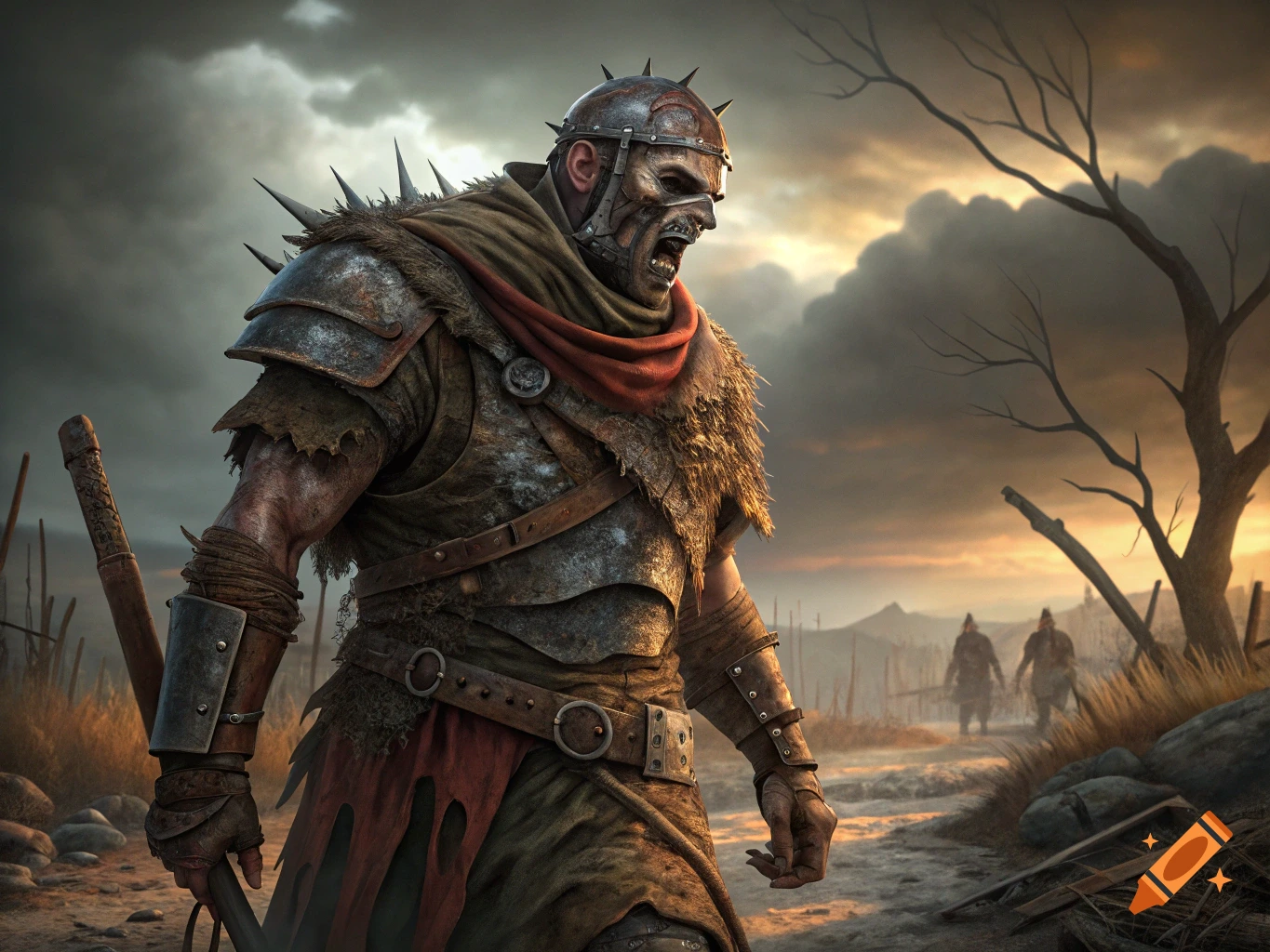 Grimdark fantasy warrior in spiked armor and tattered cloth in a desolate wasteland under a stormy sky.