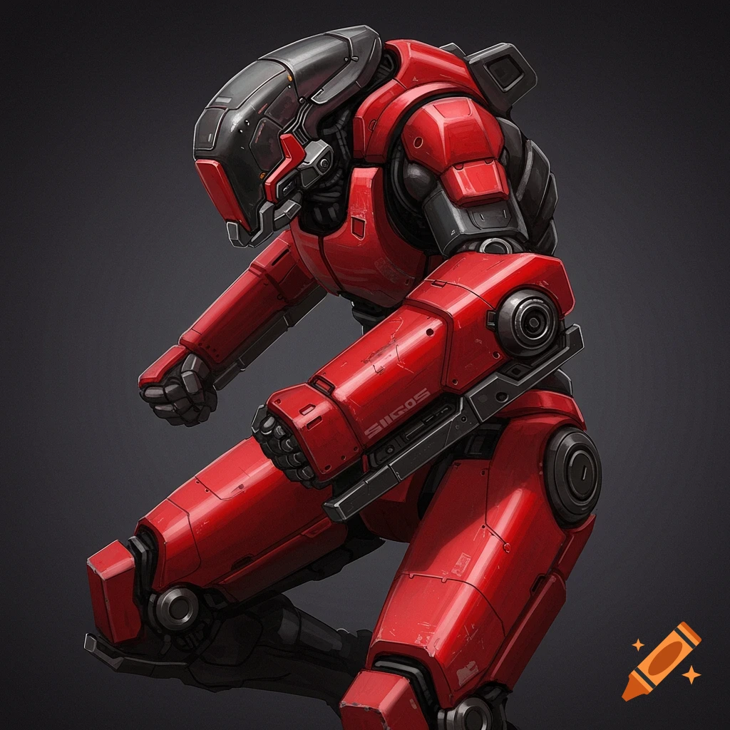 A detailed rendering of a red and black robot in a crouched pose.