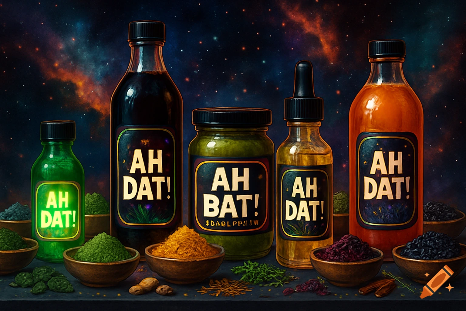 Herbal product bottles and bowls of herbs on a table against a cosmic background.
