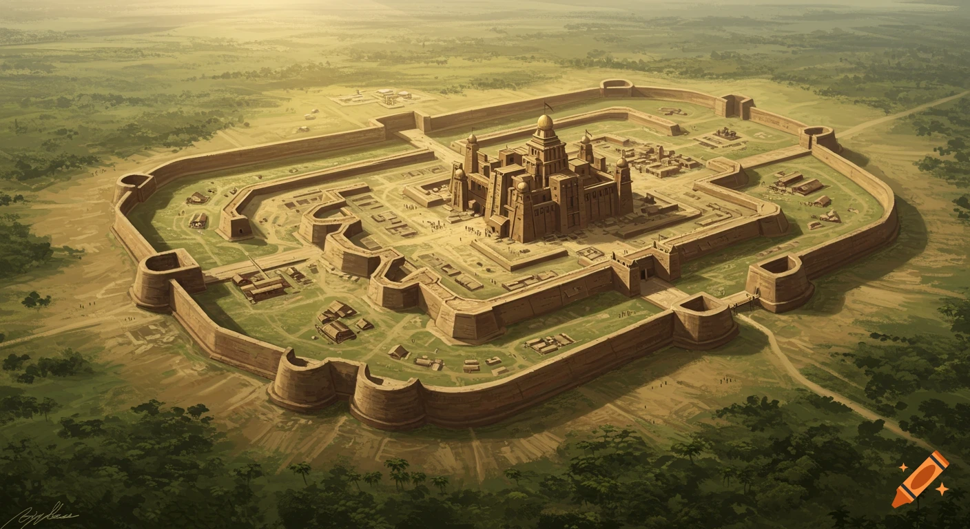 Aerial view of a vast ancient walled city with a central complex.