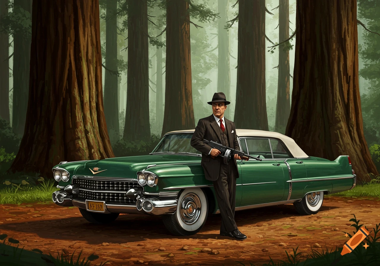 Mafia figure with a Tommy gun stands beside a green vintage car in a redwood forest.