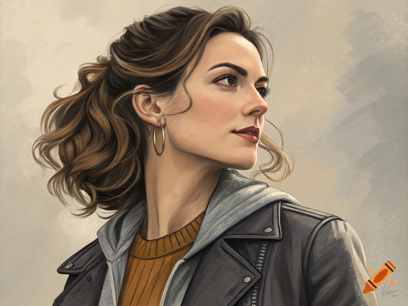 Portrait illustration of a woman in a leather jacket and hoodie on Craiyon