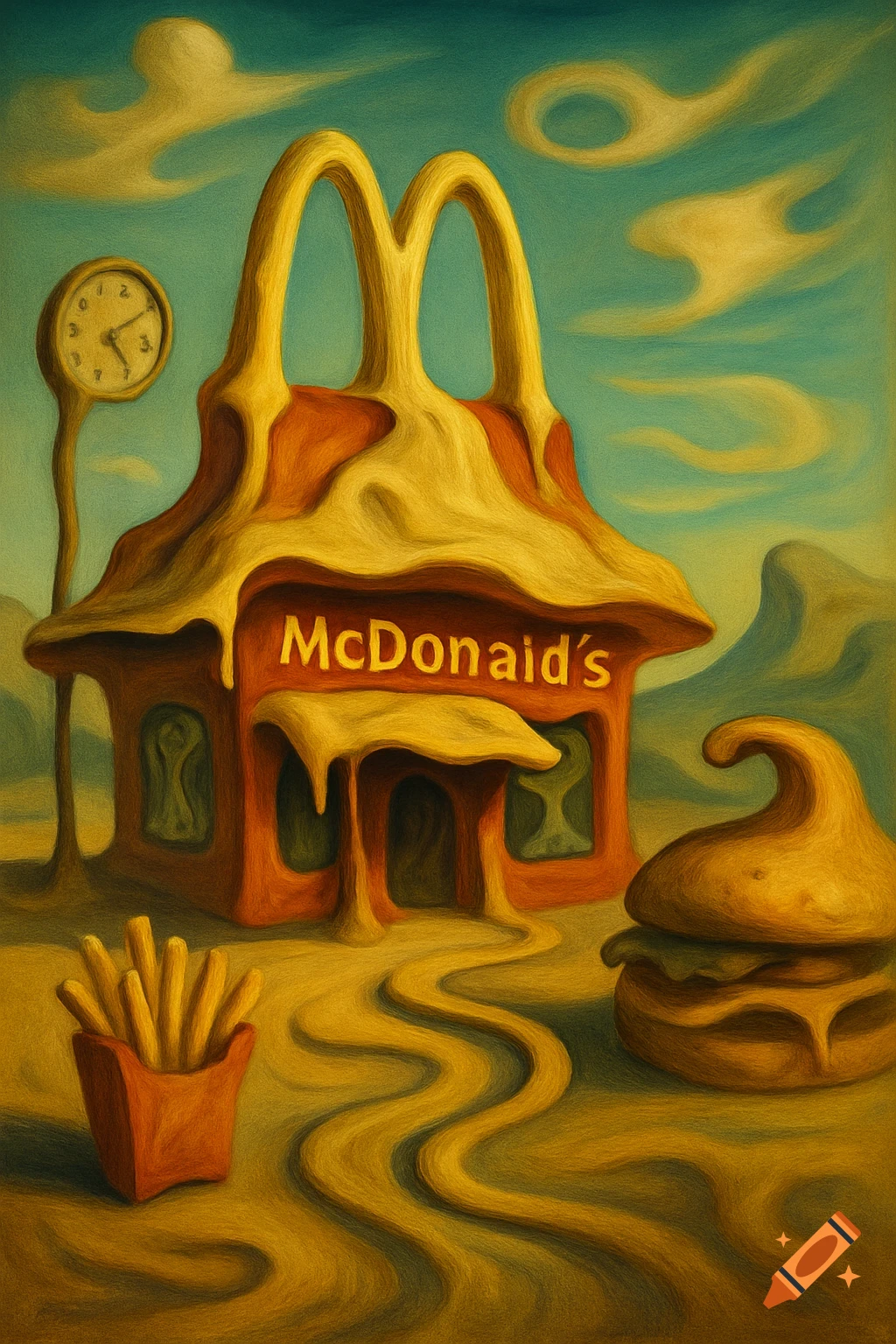 A surrealist painting of a melting McDonald's building with fries and a burger in a desert landscape.