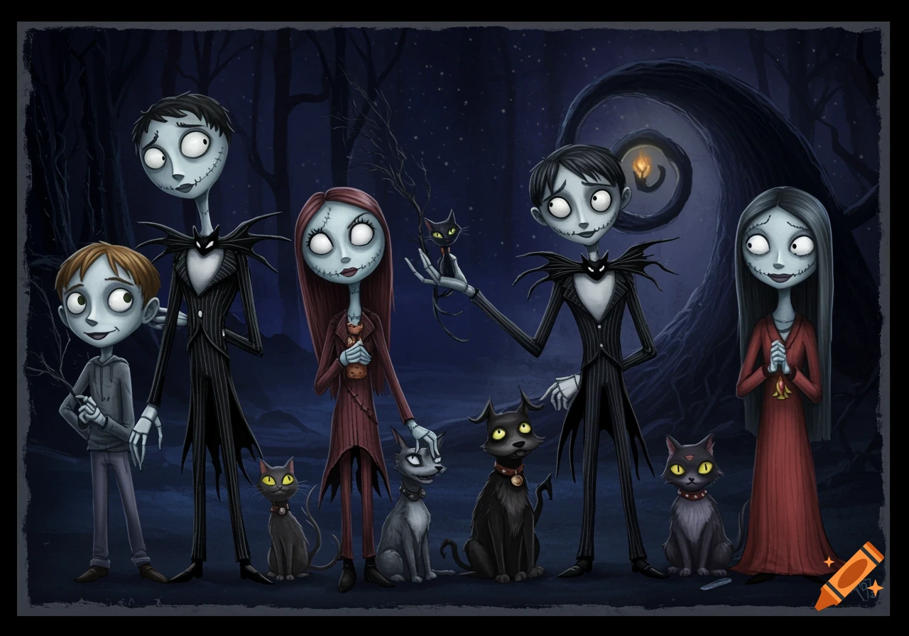 Stylized fantasy characters resembling Nightmare Before Christmas stand with cats and a dog in a spooky landscape.