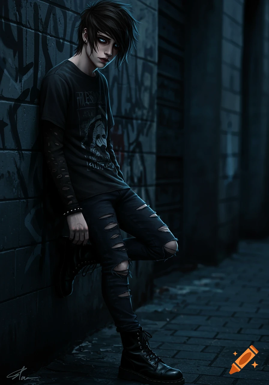 An emo person with black hair and dark clothes leans against a graffiti-covered brick wall.