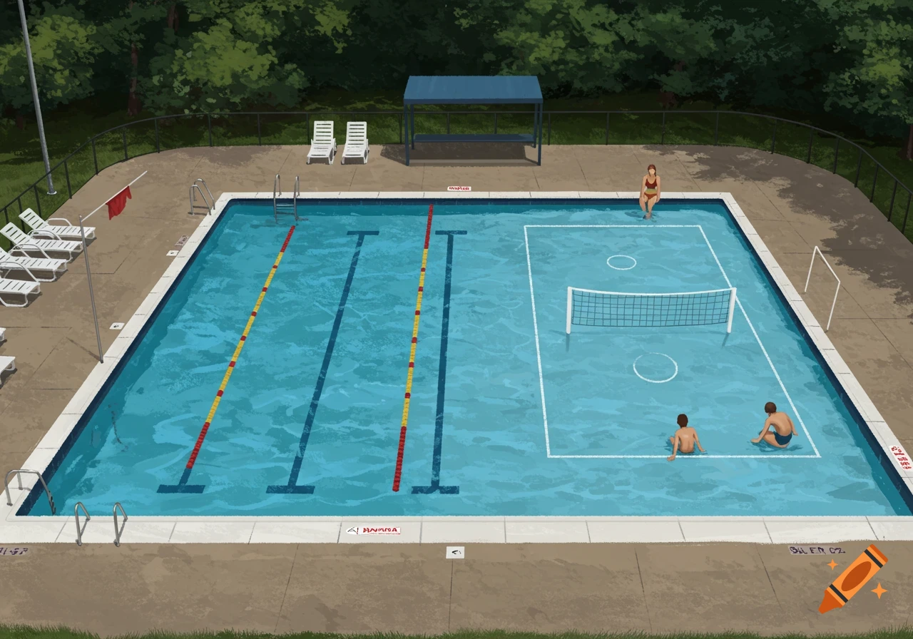 An aerial view of an outdoor swimming pool with lap lanes and a pool volleyball section. People sit by or in the pool.