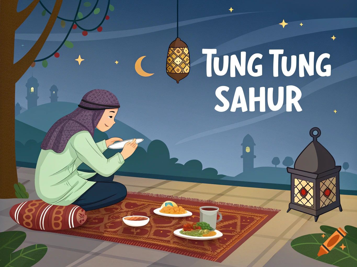 Illustration of a person sitting on a prayer rug with food and drink at night, with text 'TUNG TUNG SAHUR'.