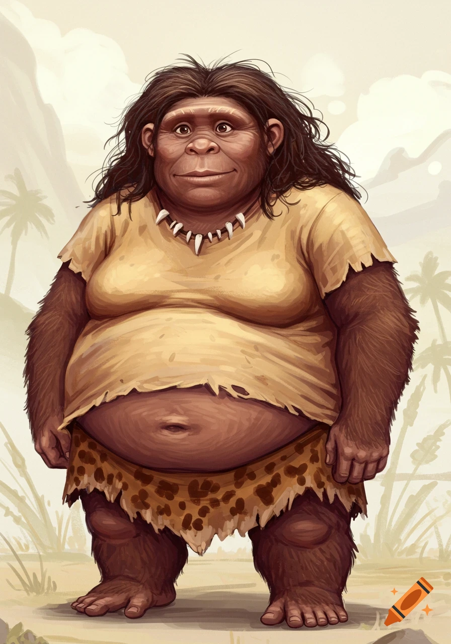 Cartoon of a squat, hairy prehistoric person with monkey features wearing ripped clothes and a tooth necklace in a jungle.