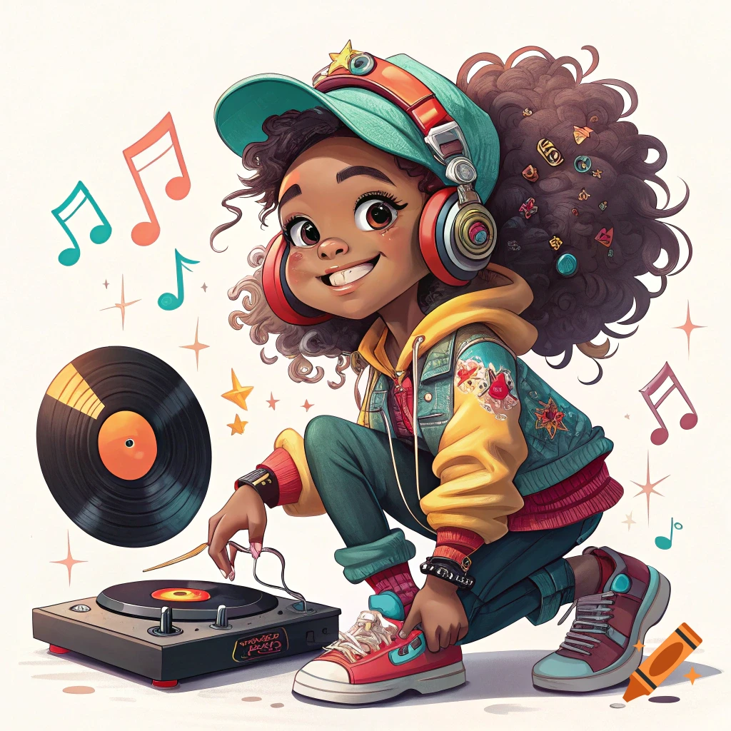Cartoon girl with headphones DJing on a turntable