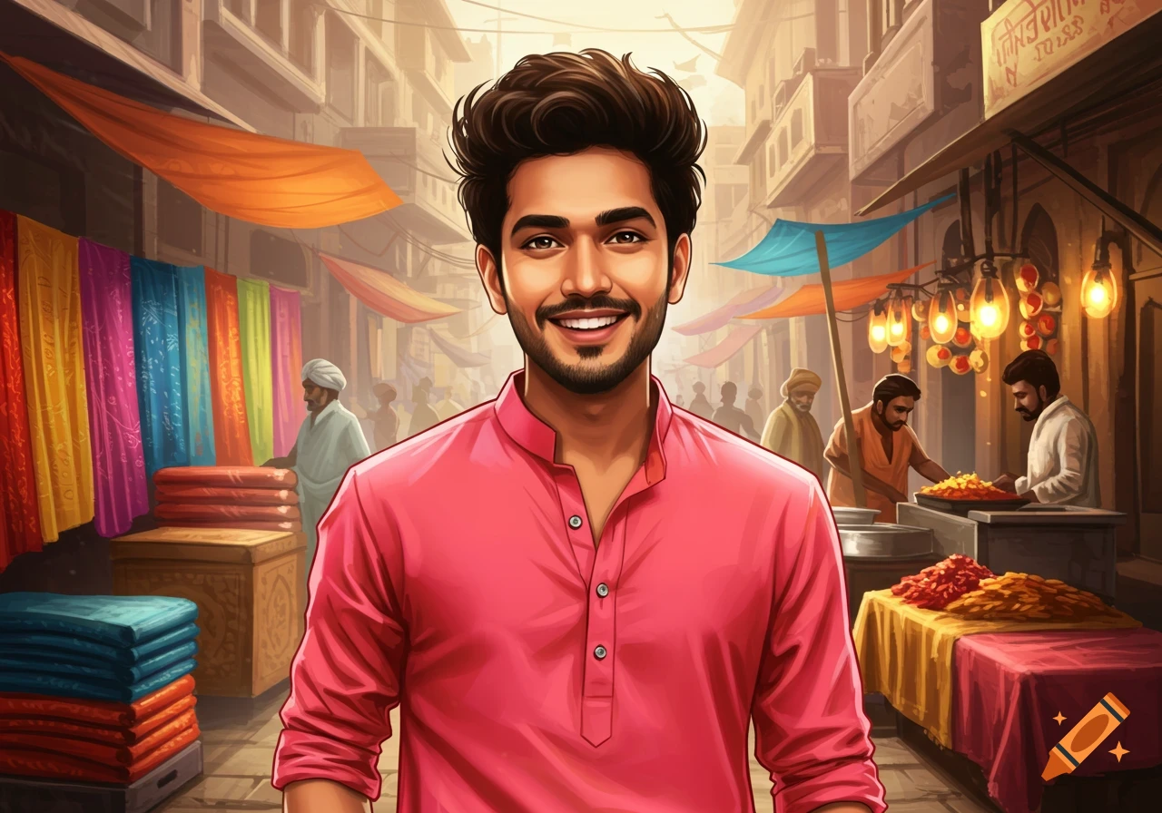 A smiling man in a pink shirt stands in a vibrant market scene.