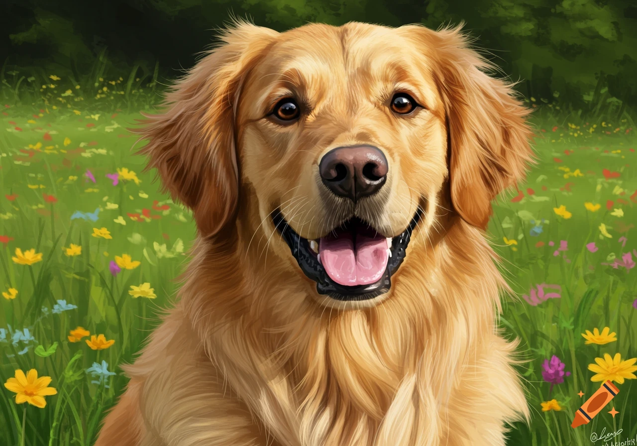 A happy Golden Retriever dog sits in a field of colorful wildflowers ...