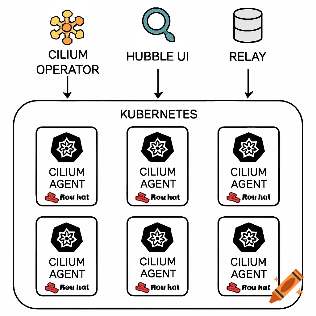 Technical diagram showing Cilium components, Hubble UI, and Relay in a Kubernetes cluster.