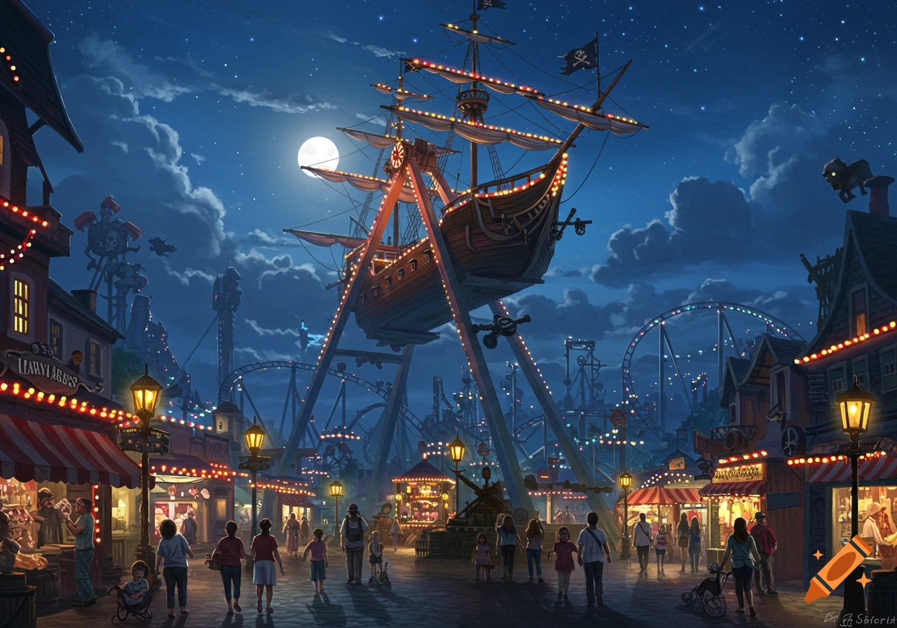 Theme Park Rocking Ship A vibrant pirate-themed amusement park at night with a large swinging ...