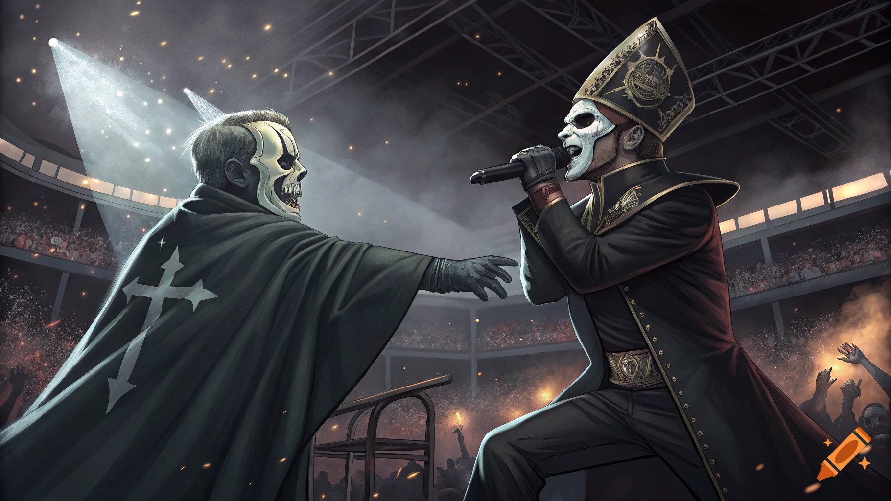 Two masked figures resembling a band on stage during a concert, one singing into a microphone, the other reaching out.