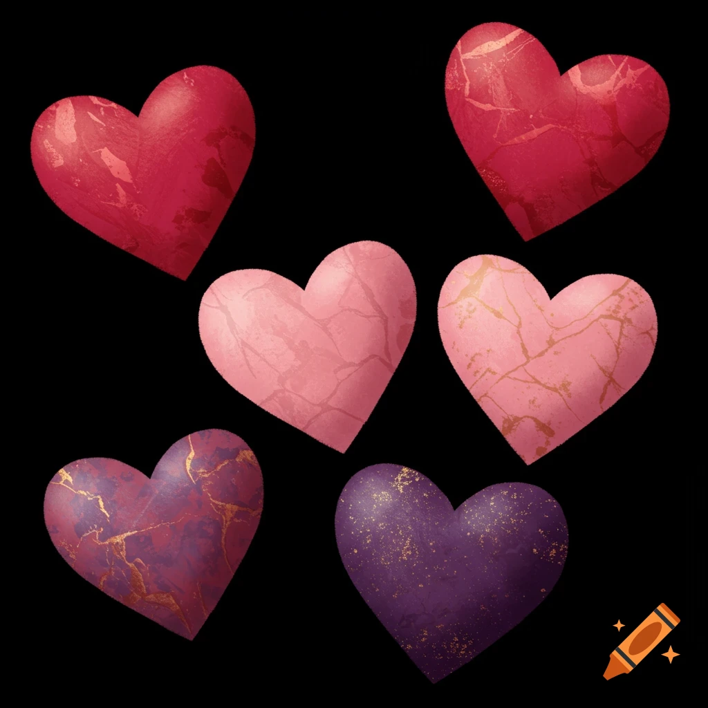 Six colorful marble-textured hearts on a black background.