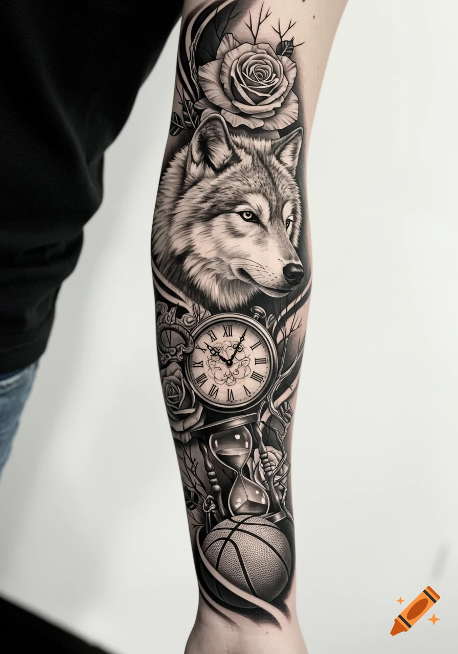 Black and white forearm tattoo design featuring a wolf, clock, hourglass, rose, and basketball in a realistic style.