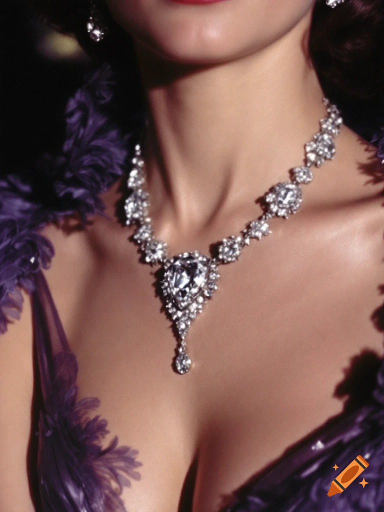 Close up of a woman in a purple evening gown wearing a large diamond necklace.
