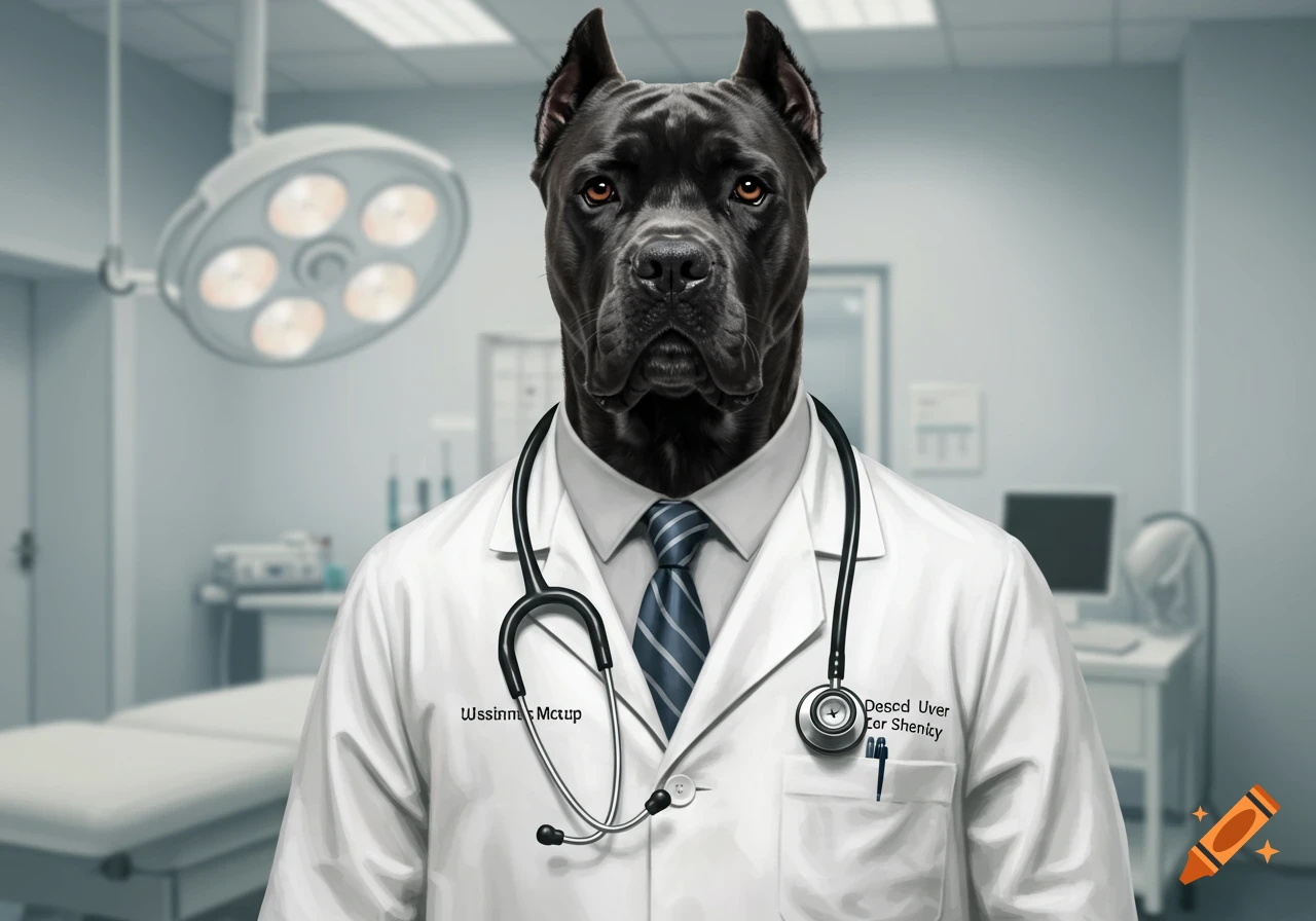 A black Cane Corso dog in a doctor's coat and stethoscope stands in a hospital room.