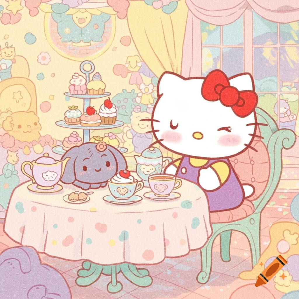 Hello Kitty and Cinnamoroll have a tea party with cupcakes in a pastel illustration.