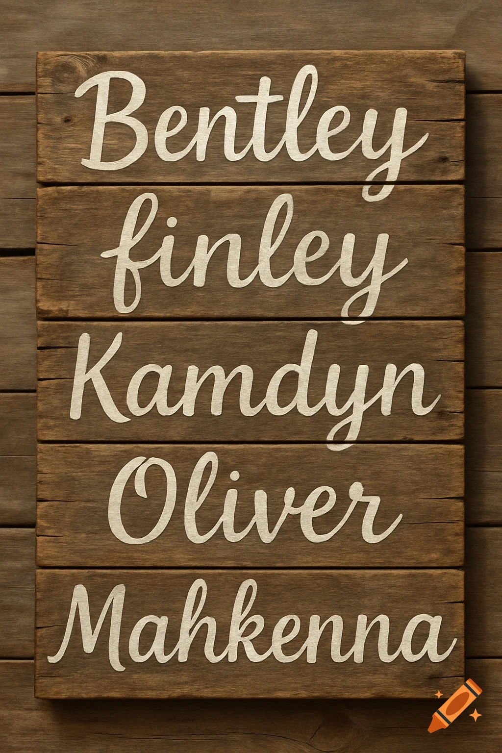 A wooden sign with the names Bentley, finley, Kamdyn, Oliver, and Mahkenna written on it.