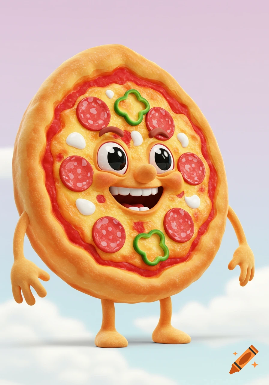 A smiling cartoon pizza character with arms and legs stands against a cloudy sky.