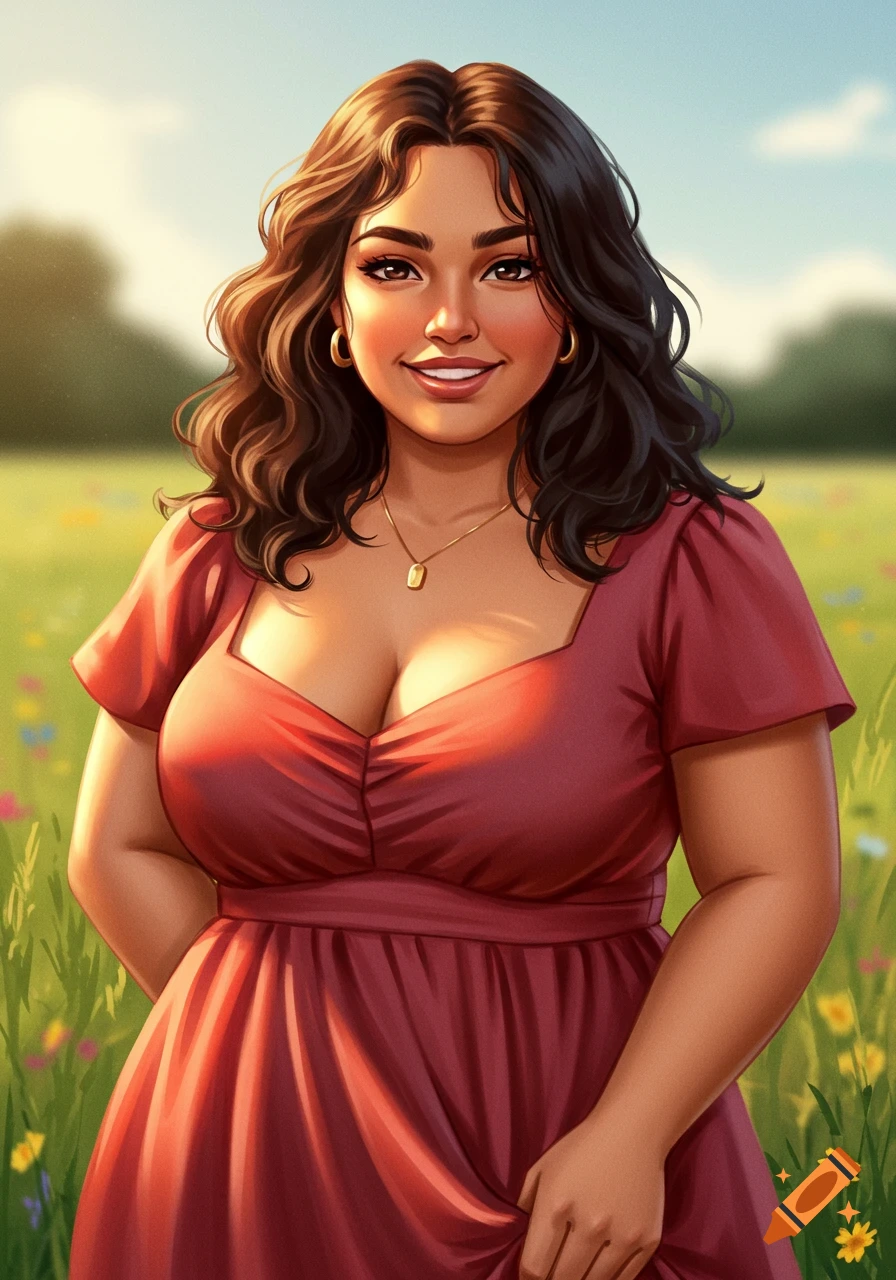 Smiling woman in red dress standing in a field, illustration