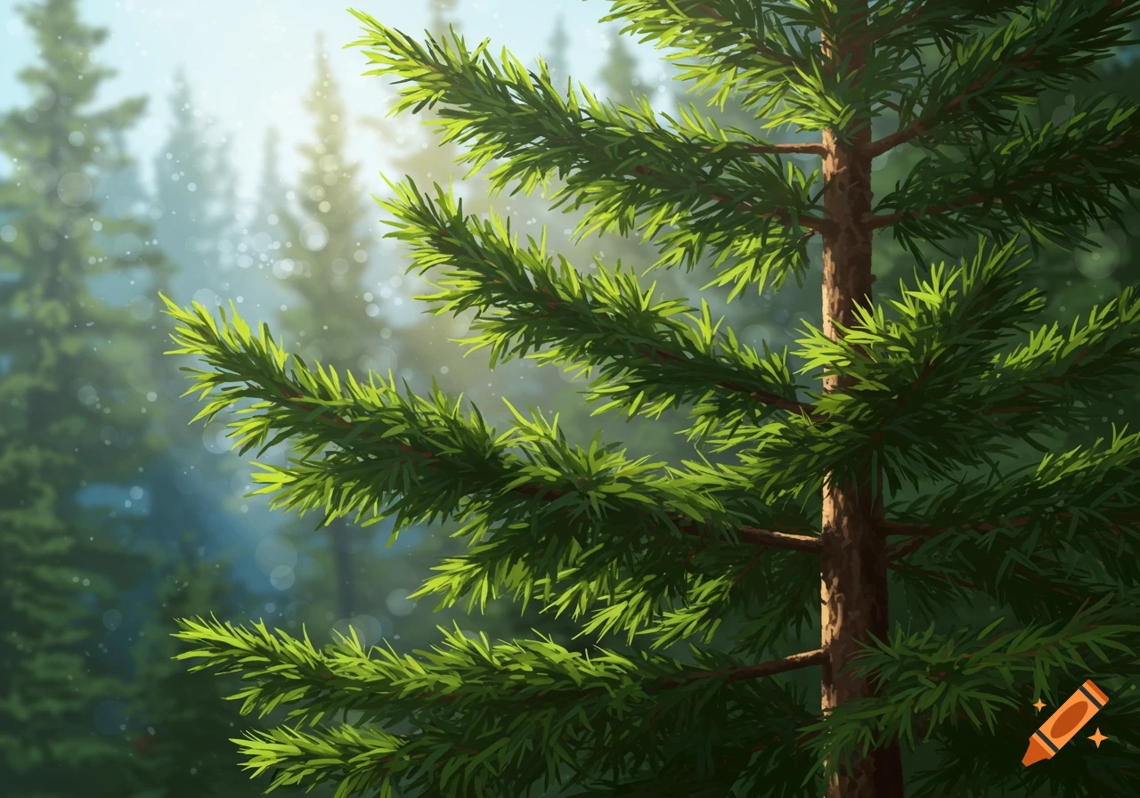 Close-up of a pine tree branch with sun shining through the needles in a forest.