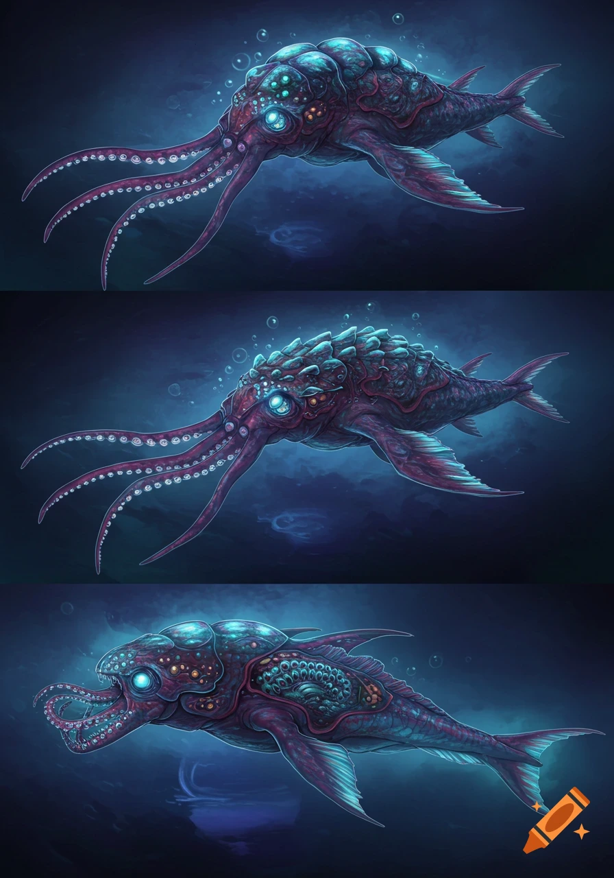 Digital illustration of three deep-sea alien creatures resembling octopuses and fish, swimming in the dark water.