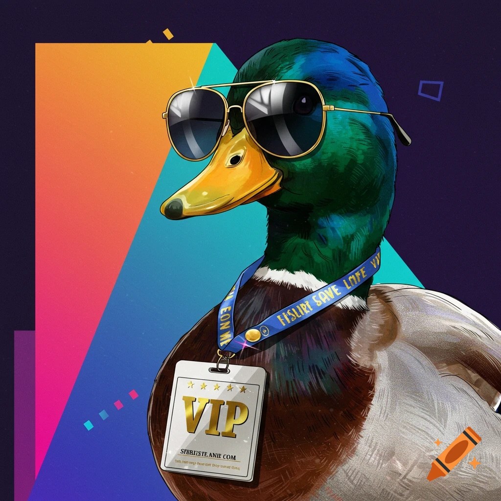 A mallard duck wearing sunglasses and a VIP lanyard.