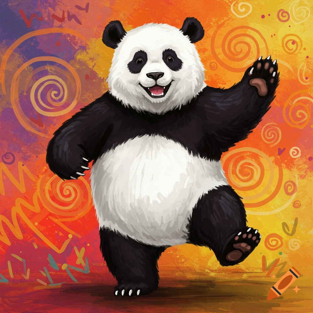 A cartoon panda is dancing against a colorful background.
