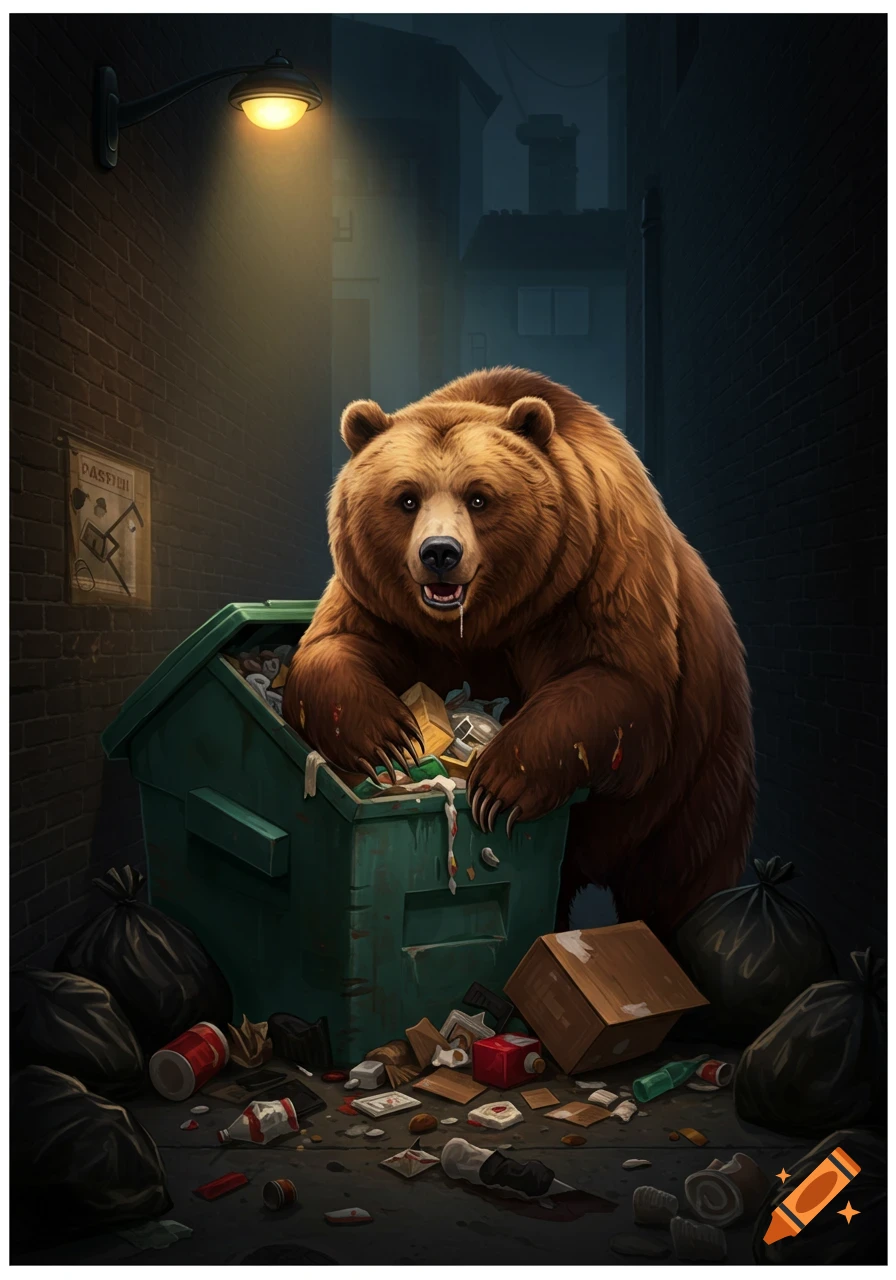 Illustration of a bear digging through a dumpster in a dark alley.