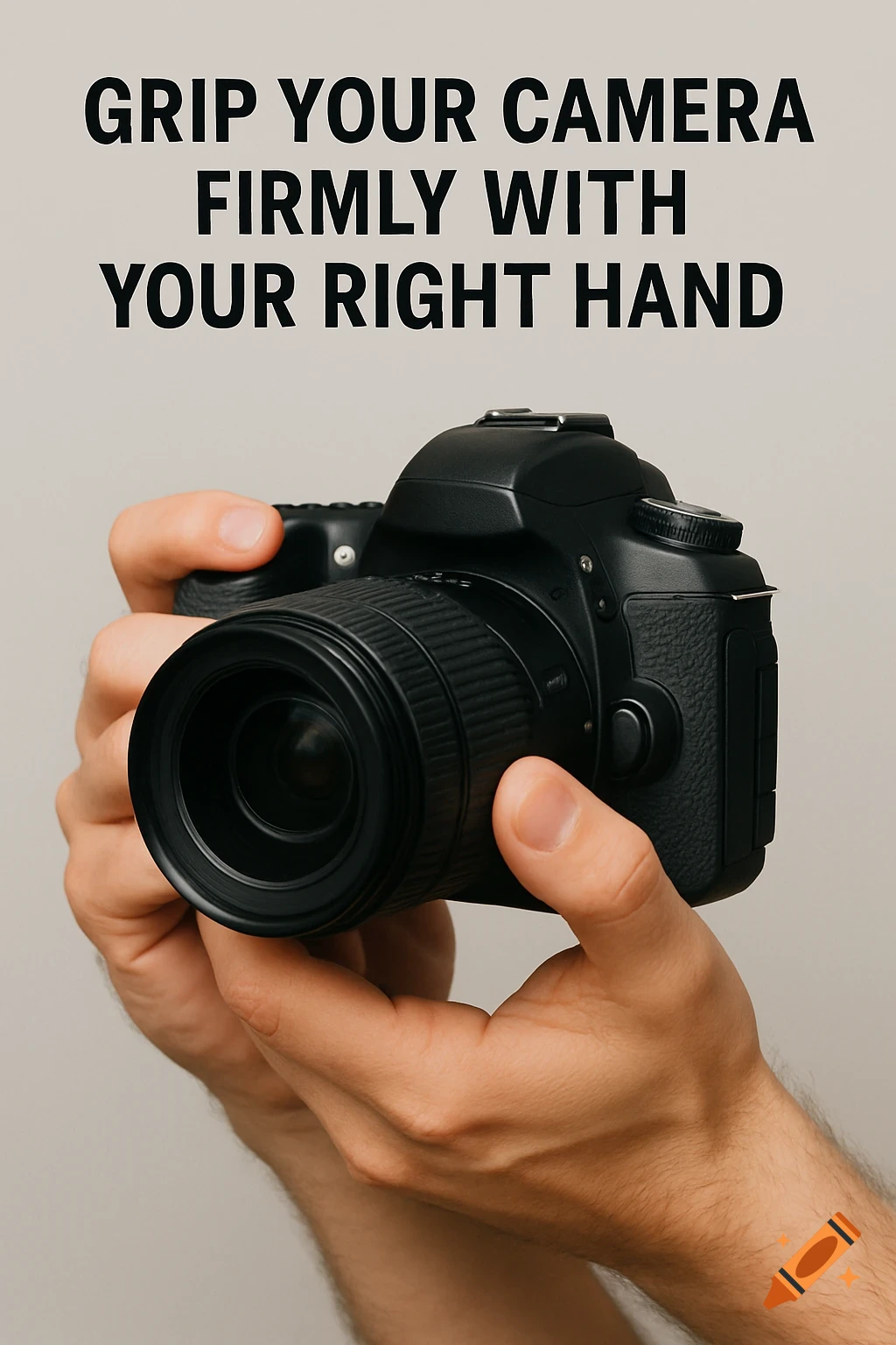 Hands hold a black DSLR camera with text: Grip your camera firmly with your right hand