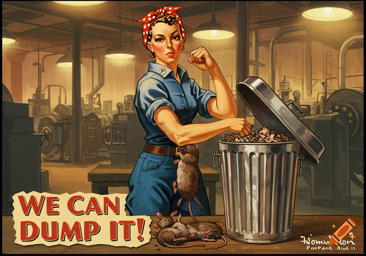 Rosie the Riveter-like woman dumping rats in a factory, vintage poster style.
