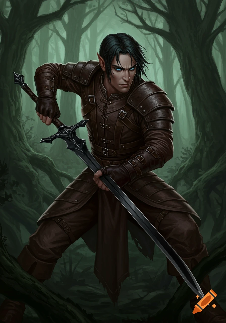 An elf in leather armor holds a black sword in a forest.