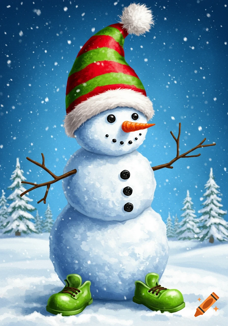 Cartoon snowman in Christmas hat and green shoes standing in snowy landscape.