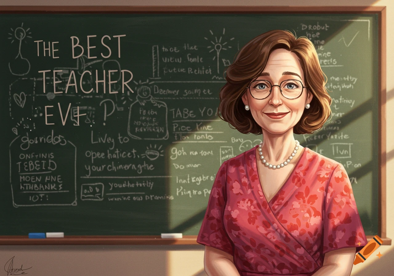 Portrait of a smiling teacher in a classroom with text on a chalkboard.