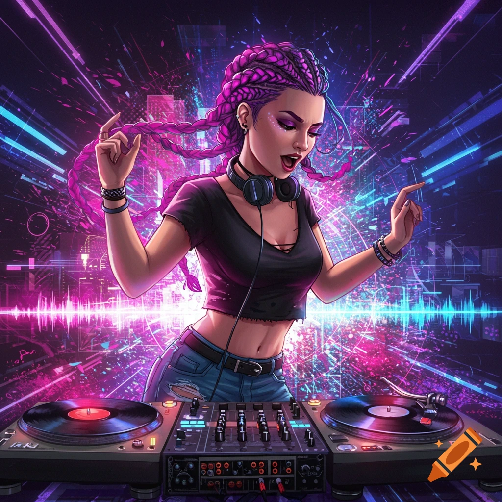 A female DJ performs with turntables and a mixer against a vibrant neon background in a digital art style.