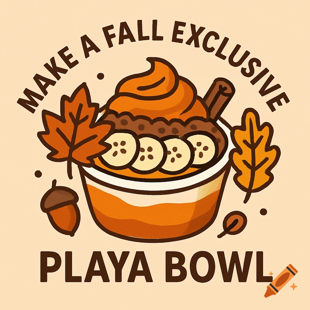 Stylized illustration of a fall-themed smoothie bowl with text, leaves, and an acorn.