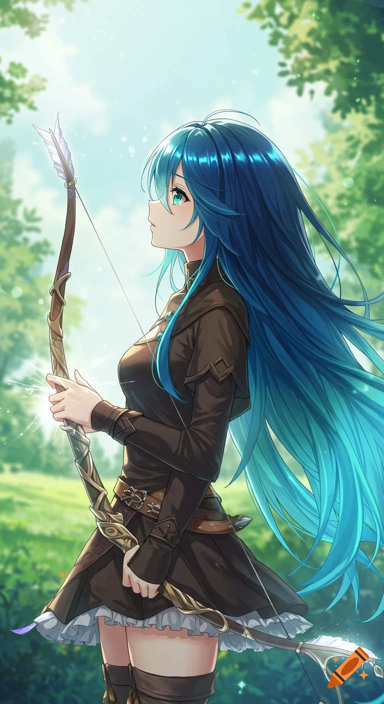 Anime girl with long blue hair holding a bow and arrow in a forest.