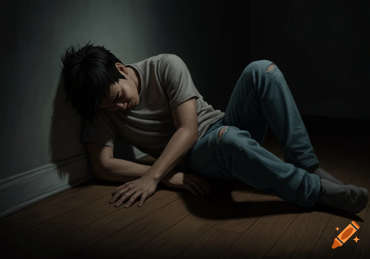 A person slumped on the floor against a wall, head down, appearing exhausted or sad, in a dark room.